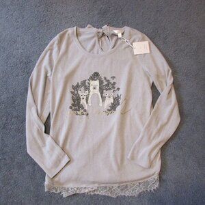 NWT LC Lauren Conrad XL Gray Lace Trim Party Animal Woodland Creatures Top